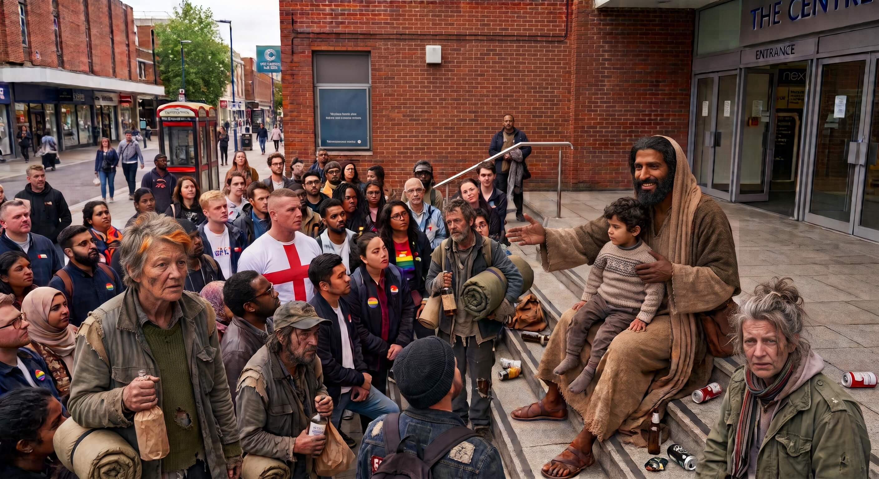 A rabbi addressing a diverse crowd outside a UK shopping centre