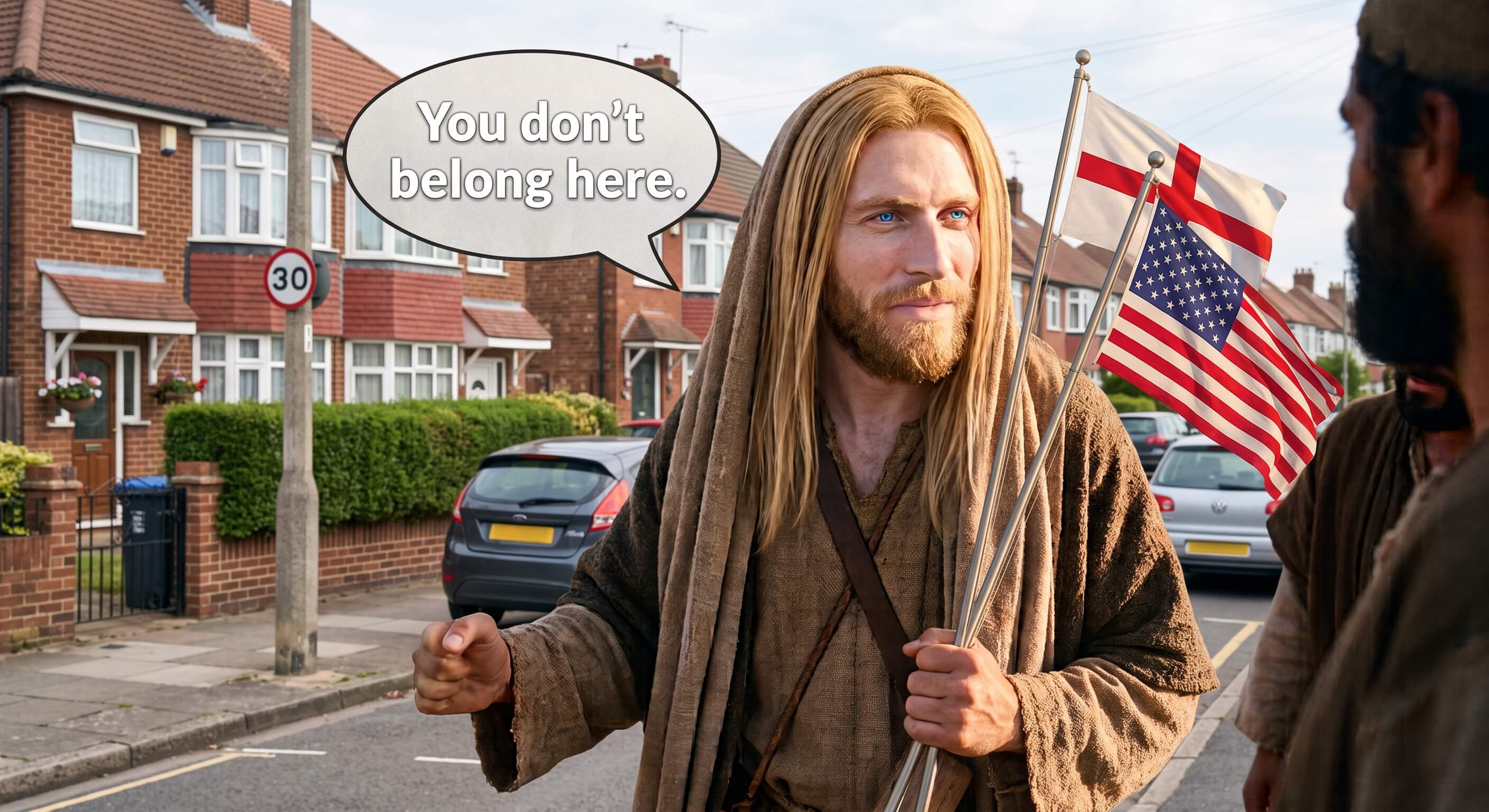 He's got blonde hair, blue eyes and seems to be using a religion he never intended anyone to start promote White Christian Nationalism...
